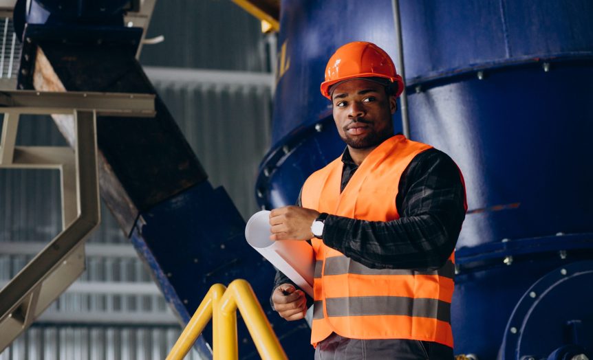 African american worker standing in uniform wearing a safety hat in a factory African american worker standing in uniform wearing a safety hat in a factory